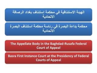 ‫الرصا‬ ‫بغداد‬ ‫استئناف‬ ‫محكمة‬ ‫في‬ ‫االستئنافية‬ ‫الهيئة‬‫فة‬
‫االتحادية‬
‫البصر‬ ‫استئناف‬ ‫محكمة‬ ‫رئاسة‬ ‫في‬ ‫البصرة‬ ‫بداءة‬ ‫محكمة‬‫ة‬
‫االتحادية‬
The Appellate Body in the Baghdad-Rusafa Federal
Court of Appeal
Basra First Instance Court at the Presidency of Federal
Courts of Appeal
 