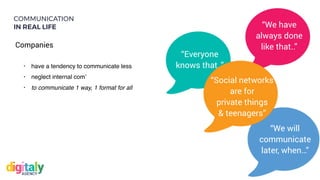 #WithHappiness
• have a tendency to communicate less
• neglect internal com’
• to communicate 1 way, 1 format for all
COMMUNICATION
IN REAL LIFE
Companies
“Everyone
knows that..”
“We have
always done
like that..”
“We will
communicate
later, when…”
“Social networks
are for
private things
& teenagers”
 
