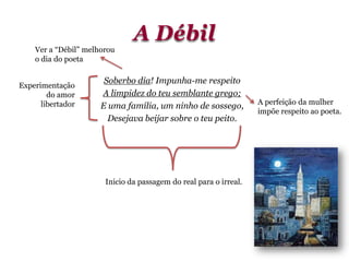 A Débil
Soberbo dia! Impunha-me respeito
A limpidez do teu semblante grego;
E uma família, um ninho de sossego,
Desejava beijar sobre o teu peito.
Experimentação
do amor
libertador
Ver a “Débil” melhorou
o dia do poeta
A perfeição da mulher
impõe respeito ao poeta.
Inicio da passagem do real para o irreal.
 