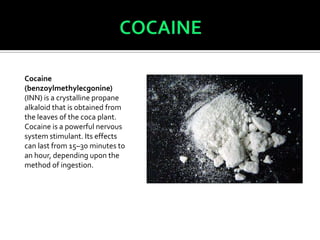 COCAINECocaine (benzoylmethylecgonine) (INN) is a crystalline propane alkaloid that is obtained from the leaves of the coca plant.  Cocaine is a powerful nervous system stimulant. Its effects can last from 15–30 minutes to an hour, depending upon the method of ingestion.