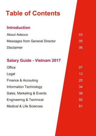 Table of Contents
Introduction
About Adecco 03
Messages from General Director 05
Disclaimer 06
Salary Guide - Vietnam 2017
Oﬃce 07
Legal 13
Finance & Accouting 20
Information Technology 34
Sales, Marketing & Events 38
Engineering & Technical 50
Medical & Life Sciences 61
 