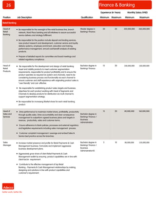 26 Finance & Banking
Position Job Description Qualification Minimum Maximum Minimum Maximum
Monthly Salary (VND)Experience (In Years)
Retail Banking
Head of
Retail
Banking
 Be responsible for the oversight of the retail business line, branch
network, Work Place banking and all initiatives to assure successful
service delivery and strategy fulfillment.
 Be responsible for the position include deposit and lending services,
new product research and development, customer service and loyalty
delivery systems, employee enrichment, education and training,
performance management, annual cost/benefit analysis of existing
products.
 Prepare of detailed reports for committee and board meetings and
related regulatory compliance.
Master degree in
Banking/ Finance
20 25 220,000,000 360,000,000
Head of
Retail
Products
 Be responsible for the development and design of retail banking
Asset and Liability products to meet customer segmentation
requirements, responsible for product profitability and to ensure the
product operates as required via system and channels, need to be
considering business process and functionality via each channel to
ensure customer and staff experience with originating product sales is
“user friendly” and cost effective.
 Be responsible for establishing product sales targets and business
objectives for each product working with Head of Segments and
Channels to develop products for distribution via multi channel to
support segmentation strategy.
 Be responsible for increasing Market share for each retail banking
product.
Bachelor degree in
Banking/ Finance
15 20 100,000,000 160,000,000
Head of
Sales and
Services
 Drive performance to maximize market share, profitability, productivity
through quality sales. Drive accountability and clear consequence
management to outperform agreed business plans and targets in
revenue, productivity, sales and customer terms.
 Ensure adherence to Bank policies, processes and external regulatory
and legislative requirements including sales management process.
 Customer complaint management. Leverage and embed Sales &
Service best practice across the branches.
Bachelor degree in
Banking/ Finance /
Business
Administration
15 20 80,000,000 160,000,000
Sales
Manager
 Increase market presence and profile for Retail Payments & Cash
Management business. Formulate and implement aggressive
business development plans.
 Aggressively grow share of client Retail Payments & Cash
Management wallet by ensuring product capabilities are in line with
client/sector requirement.
 Contribute to the effective management of top Retail
Banking - Payments & Cash Management relationships by making,
designing and solutions in line with product capabilities and
customer’s requirement.
Bachelor degree in
Banking/ Finance /
Business
Administration10
5 10 80,000,000 120,000,000
 
