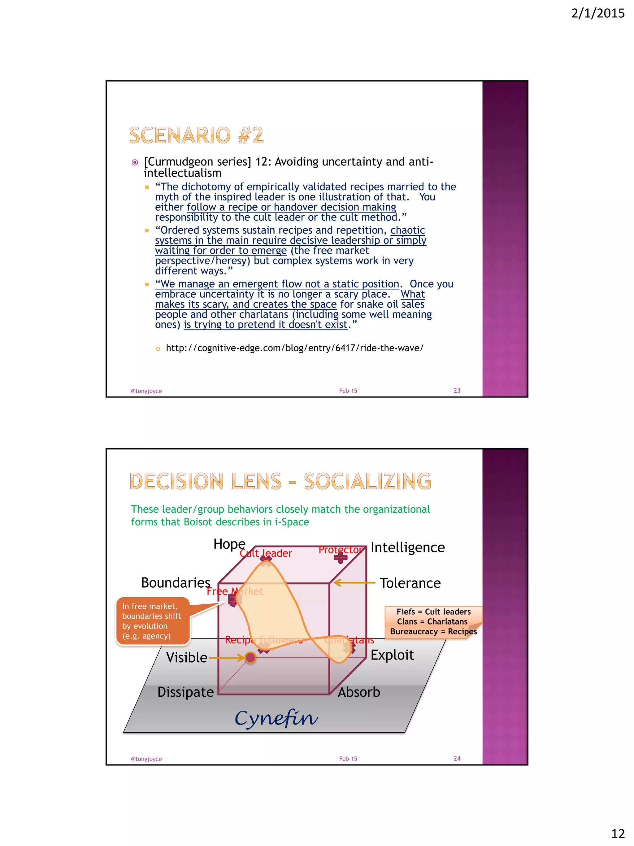 2/1/2015
12
 [Curmudgeon series] 12: Avoiding uncertainty and anti-
intellectualism
 “The dichotomy of empirically validated recipes married to the
myth of the inspired leader is one illustration of that. You
either follow a recipe or handover decision making
responsibility to the cult leader or the cult method.”
 “Ordered systems sustain recipes and repetition, chaotic
systems in the main require decisive leadership or simply
waiting for order to emerge (the free market
perspective/heresy) but complex systems work in very
different ways.”
 “We manage an emergent flow not a static position. Once you
embrace uncertainty it is no longer a scary place. What
makes its scary, and creates the space for snake oil sales
people and other charlatans (including some well meaning
ones) is trying to pretend it doesn't exist.”
 http://cognitive-edge.com/blog/entry/6417/ride-the-wave/
Feb-15@tonyjoyce 23
Dissipate Absorb
ExploitVisible
Boundaries
Intelligence
Tolerance
Hope
Cynefin
Cult leader
Recipe followers Charlatans
Protector
Free Market
These leader/group behaviors closely match the organizational
forms that Boisot describes in i-Space
In free market,
boundaries shift
by evolution
(e.g. agency)
Feb-15@tonyjoyce 24
Fiefs = Cult leaders
Clans = Charlatans
Bureaucracy = Recipes
 