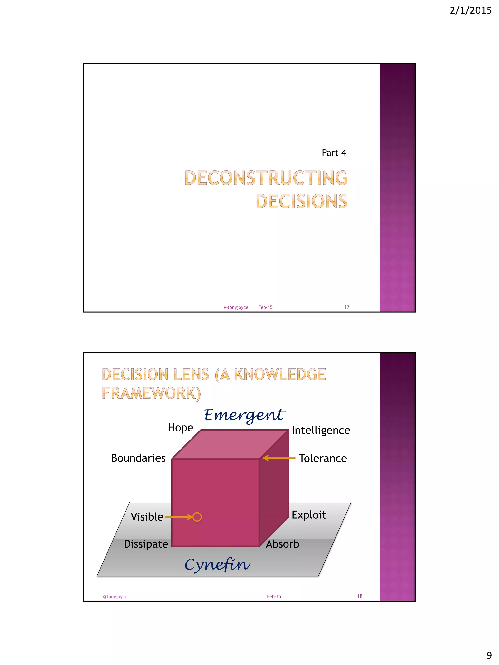 2/1/2015
9
Part 4
Feb-15@tonyjoyce 17
Dissipate Absorb
ExploitVisible
Boundaries
Intelligence
Tolerance
Hope
Cynefin
Feb-15@tonyjoyce 18
Emergent
 