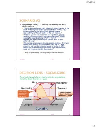 2/1/2015
12
 [Curmudgeon series] 12: Avoiding uncertainty and anti-
intellectualism
 “The dichotomy of empirically validated recipes married to the
myth of the inspired leader is one illustration of that. You
either follow a recipe or handover decision making
responsibility to the cult leader or the cult method.”
 “Ordered systems sustain recipes and repetition, chaotic
systems in the main require decisive leadership or simply
waiting for order to emerge (the free market
perspective/heresy) but complex systems work in very
different ways.”
 “We manage an emergent flow not a static position. Once you
embrace uncertainty it is no longer a scary place. What
makes its scary, and creates the space for snake oil sales
people and other charlatans (including some well meaning
ones) is trying to pretend it doesn't exist.”
 http://cognitive-edge.com/blog/entry/6417/ride-the-wave/
Feb-15@tonyjoyce 23
Dissipate Absorb
ExploitVisible
Boundaries
Intelligence
Tolerance
Hope
Cynefin
Cult leader
Recipe followers Charlatans
Protector
Free Market
These leader/group behaviors closely match the organizational
forms that Boisot describes in i-Space
In free market,
boundaries shift
by evolution
(e.g. agency)
Feb-15@tonyjoyce 24
Fiefs = Cult leaders
Clans = Charlatans
Bureaucracy = Recipes
 