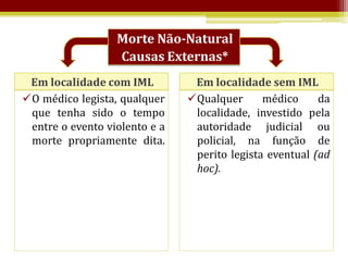 Morte Não-Natural
                  Causas Externas*
 Em localidade com IML          Em localidade sem IML
O médico legista, qualquer    Qualquer      médico     da
 que tenha sido o tempo         localidade, investido pela
 entre o evento violento e a    autoridade judicial ou
 morte propriamente dita.       policial, na função de
                                perito legista eventual (ad
                                hoc).
 