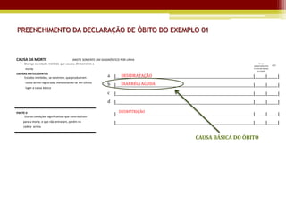 PREENCHIMENTO DA DECLARAÇÃO DE ÓBITO DO EXEMPLO 01


CAUSA DA MORTE                          ANOTE SOMENTE UM DIAGNÓSTICO POR LINHA
      Doença ou estado mórbido que causou diretamente a                                                                                             Tempo
                                                                                                                                              aproximado entre     CID*
      morte                                                                                                                                   o início da doença
                                                                                                                                                   e a morte
CAUSAS ANTECEDENTES
    Estados mórbidos, se existirem, que produziram          a |_____________________________________________________________________________|______|______|
                                                                  DESIDRATAÇÃO
      causa acima registrada, mencionando-se em último            DIARRÉIA AGUDA
                                                            b |_____________________________________________________________________________|______|______|
      lugar a causa básica
                                                            c |_____________________________________________________________________________|______|______|
                                                            d |_____________________________________________________________________________|______|______|

                                                                   DESNUTRIÇÃO
PARTE II
     Outras condições significativas que contribuíram
                                                                |_____________________________________________________________________________|______|______|
     para a morte, e que não entraram, porém na                 |_____________________________________________________________________________|______|______|
     cadeia acima.


                                                                                                             CAUSA BÁSICA DO ÓBITO
 