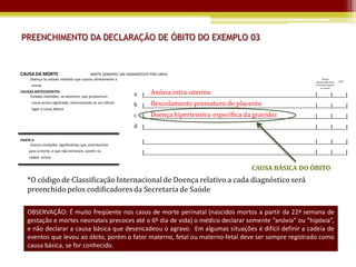 PREENCHIMENTO DA DECLARAÇÃO DE ÓBITO DO EXEMPLO 03


CAUSA DA MORTE                          ANOTE SOMENTE UM DIAGNÓSTICO POR LINHA
      Doença ou estado mórbido que causou diretamente a                                                                                             Tempo
                                                                                                                                              aproximado entre     CID*
      morte                                                                                                                                   o início da doença
                                                                                                                                                   e a morte
CAUSAS ANTECEDENTES
    Estados mórbidos, se existirem, que produziram
                                                                  Anóxia intra-uterina
                                                            a |_____________________________________________________________________________|______|______|
      causa acima registrada, mencionando-se em último            Descolamento prematuro de placenta
                                                            b |_____________________________________________________________________________|______|______|
      lugar a causa básica
                                                                  Doença hipertensiva específica da gravidez
                                                            c |_____________________________________________________________________________|______|______|
                                                            d |_____________________________________________________________________________|______|______|

PARTE II
     Outras condições significativas que contribuíram
                                                                |_____________________________________________________________________________|______|______|
     para a morte, e que não entraram, porém na                 |_____________________________________________________________________________|______|______|
     cadeia acima.

                                                                                                                 CAUSA BÁSICA DO ÓBITO
    *O código de Classificação Internacional de Doença relativo a cada diagnóstico será
    preenchido pelos codificadores da Secretaria de Saúde

    OBSERVAÇÃO: É muito freqüente nos casos de morte perinatal (nascidos mortos a partir da 22ª semana de
    gestação e mortes neonatais precoces até o 6º dia de vida) o médico declarar somente “anóxia” ou “hipóxia”,
    e não declarar a causa básica que desencadeou o agravo. Em algumas situações é difícil definir a cadeia de
    eventos que levou ao óbito, porém o fator materno, fetal ou materno-fetal deve ser sempre registrado como
    causa básica, se for conhecido.
 