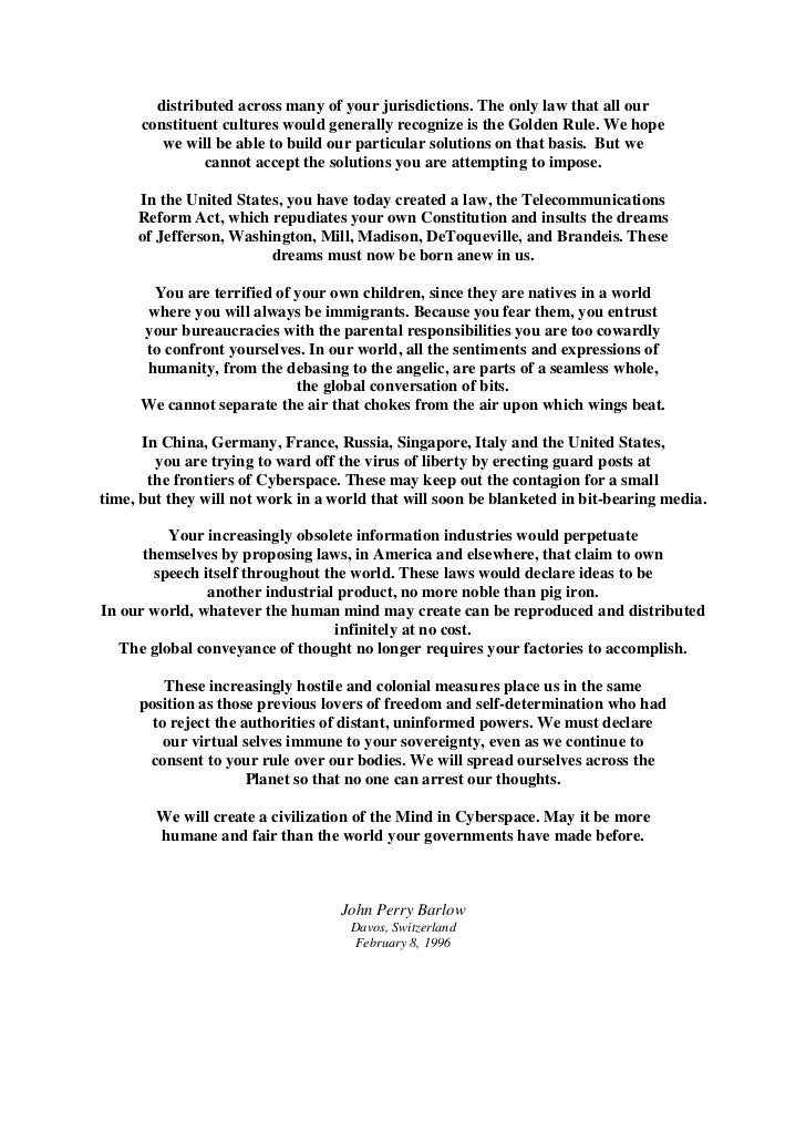 A declaration of the independence of cyberspace