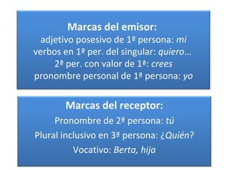 Marcas del emisor: 
adjetivo posesivo de 1ª persona: mi 
verbos en 1ª per. del singular: quiero… 
2ª per. con valor de 1ª: crees 
pronombre personal de 1ª persona: yo 
Marcas del receptor: 
Pronombre de 2ª persona: tú 
Plural inclusivo en 3ª persona: ¿Quién? 
Vocativo: Berta, hija 
 