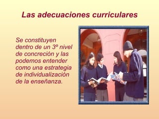 Las adecuaciones curriculares Se constituyen  dentro de un 3º nivel de concreción y las podemos entender como una estrategia de individualización de la enseñanza.  