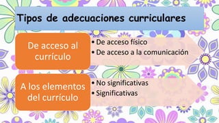 Tipos de adecuaciones curriculares
•De acceso físico
•De acceso a la comunicación
De acceso al
currículo
•No significativas
•Significativas
A los elementos
del currículo
 