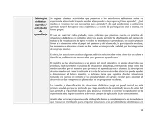 Estrategias
didácticas
sugeridas/
Actividades
de
aprendizaje

Se sugiere plantear actividades que permitan a los estudiantes reflexionar sobre su
experiencia a través del trayecto escolar al responder a la pregunta ¿Cómo aprendo? , ¿Qué
medios o recursos me son necesarios para aprender? ¿En qué condiciones o ambientes
aprendo mejor? Recuperar esta experiencia a través de participación oral o escrita, en
forma grupal.
El uso de material video-grabado, como películas que planteen puesta en práctica de
situaciones didácticas en contextos diversos, puede permitir la objetivación del campo de
trabajo y la visualización de tipos y estilos de enseñanza y aprendizaje, los cuales puedan
llevar a la discusión sobre el papel del profesor y del alumnado, la participación en clase,
los momentos o silencios a través de los cuales se interpreta la realidad por los integrantes
de un grupo escolar.
Es decir, los estudiantes analizan algunas películas relacionadas sobre cómo dar una clase e
identifican problemáticas encontradas para provocar aprendizajes.
El registro de las observaciones a un grupo del nivel educativo en donde desarrolla sus
prácticas, podrá permitir el análisis de situaciones didácticas, entendiendo éstas como los
medios creados por el maestro para provocar el aprendizaje en el alumno. La descripción
de estos medios así como la reflexión a través de lecturas de orden didáctico puede ayudar
a dimensionar al futuro maestro la delicada tarea que significa diseñar situaciones
tomando en cuenta el contexto y las peculiaridades del grupo escolar para alcanzar el
desarrollo de las competencias planteadas en los programas escolares.
La creación y diversificación de situaciones didácticas juega un papel central en esta
primera unidad, porque se pretende que haga manifiesta la necesidad y deseo de saber del
que aprende, y el papel del maestro para propiciar el interés y sostener lo significativo de la
experiencia para lograr transferir a diversos campos de aplicación dicho conocimiento.
Acudir a las lecturas propuestas en la bibliografía básica y complementaria en la medida en
que requieran orientación para proponer soluciones a las problemáticas identificadas en

14

 