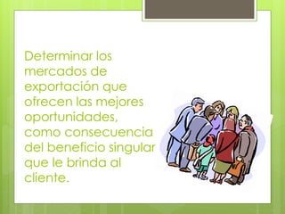 Determinar los
mercados de
exportación que
ofrecen las mejores
oportunidades,
como consecuencia
del beneficio singular
que le brinda al
cliente.
 