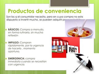 Productos de conveniencia
 BÁSICOS: Compra a menudo,
en forma rutinaria, sin mucha
reflexión
 IMPULSO: Compran
rápidamente, por la urgencia
de hacerlo , momento
oportuno.
 EMERGENICA: compra
inmediata cuando se necesitan
con urgencia.
Son los q el consumidor necesita, pero en cuya compra no esta
dispuesto a invertir mucho, se pueden adquirir por puro habito.
 