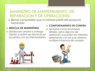 SUMINISTRO DE MANTENIMIENTO, DE
REPARACION Y DE OPERACIONES
 Bienes consumibles que no forman parte del producto
terminado
 MEZCLA DE MARKETING
 Distribución amplia o entrega
rápida, pueden ser decisivos los
acuerdos con los intermediarios.
 COMPORTAMIENTO DE COMPRA
 Se tratan como recompras
simples, salvo algunos de
operación q pueden ser tratados
seriamente y en los q se observa
múltiple influencia de compra
 