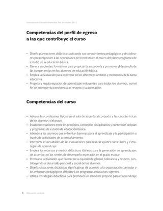 Adecuación curricular6
Licenciatura en Educación Preescolar. Plan de estudios 2012
Competencias del perfil de egreso
a las que contribuye el curso
•	 Diseña planeaciones didácticas aplicando sus conocimientos pedagógicos y disciplina-
res para responder a las necesidades del contexto en el marco del plan y programas de
estudio de la educación básica.
•	 Genera ambientes formativos para propiciar la autonomía y promover el desarrollo de
las competencias en los alumnos de educación básica.
•	 Emplea la evaluación para intervenir en los diferentes ámbitos y momentos de la tarea
educativa.
•	 Propicia y regula espacios de aprendizaje incluyentes para todos los alumnos, con el
fin de promover la convivencia, el respeto y la aceptación.
Competencias del curso
•	 Adecua las condiciones físicas en el aula de acuerdo al contexto y las características
de los alumnos y el grupo.
•	 Establece relaciones entre los principios, conceptos disciplinarios y contenidos del plan
y programas de estudio de educación básica.
•	 Atiende a los alumnos que enfrentan barreras para el aprendizaje y la participación a
través de actividades de acompañamiento.
•	 Interpreta los resultados de las evaluaciones para realizar ajustes curriculares y estra-
tegias de aprendizaje.
•	 Emplea los recursos y medios didácticos idóneos para la generación de aprendizajes
de acuerdo con los niveles de desempeño esperados en el grado escolar.
•	 Promueve actividades que favorecen la equidad de género, tolerancia y respeto, con-
tribuyendo al desarrollo personal y social de los alumnos.
•	 Diseña situaciones didácticas significativas de acuerdo a la organización curricular y
los enfoques pedagógicos del plan y los programas educativos vigentes.
•	 Utiliza estrategias didácticas para promover un ambiente propicio para el aprendizaje
 