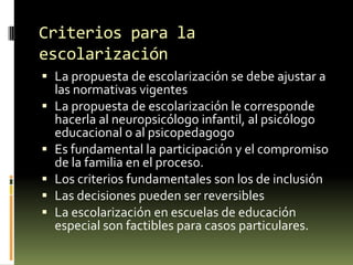 Criterios para la
escolarización
 La propuesta de escolarización se debe ajustar a
las normativas vigentes
 La propuesta de escolarización le corresponde






hacerla al neuropsicólogo infantil, al psicólogo
educacional o al psicopedagogo
Es fundamental la participación y el compromiso
de la familia en el proceso.
Los criterios fundamentales son los de inclusión
Las decisiones pueden ser reversibles
La escolarización en escuelas de educación
especial son factibles para casos particulares.

 