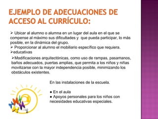 Ubicar al alumno o alumna en un lugar del aula en el que se compense al máximo sus dificultades y  que pueda participar, lo más posible, en la dinámica del grupo. Proporcionar al alumno el mobiliario específico que requiera.  educativas Modificaciones arquitectónicas, como uso de rampas, pasamanos, baños adecuados, puertas amplias, que permita a los niños y niñas movilizarse con la mayor independencia posible, minimizando los obstáculos existentes. En las instalaciones de la escuela. ●  En el aula ●  Apoyos personales para los niños con necesidades educativas especiales. 