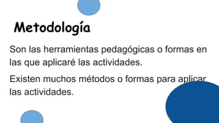 Metodología
Son las herramientas pedagógicas o formas en
las que aplicaré las actividades.
Existen muchos métodos o formas...