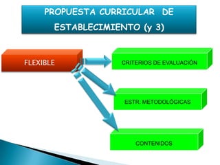 PROPUESTA CURRICULAR DE
       ESTABLECIMIENTO (y 3)



FLEXIBLE           CRITERIOS DE EVALUACIÓN




                    ESTR. METODOLÓGICAS




                       CONTENIDOS
 
