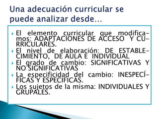    El elemento curricular que modifica-
    mos: ADAPTACIONES DE ACCESO Y CU-
    RRICULARES.
   El nivel de elaboración: DE ESTABLE-
    CIMIENTO, DE AULA E INDIVIDUAL
   El grado de cambio: SIGNIFICATIVAS Y
    NO SIGNIFICATIVAS
   La especificidad del cambio: INESPECÍ-
    FICAS Y ESPECIFICAS.
   Los sujetos de la misma: INDIVIDUALES Y
    GRUPALES.
 