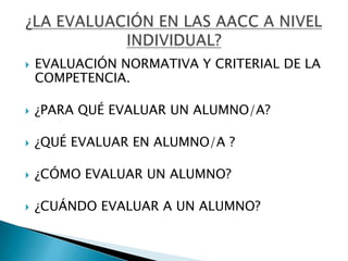    EVALUACIÓN NORMATIVA Y CRITERIAL DE LA
    COMPETENCIA.

   ¿PARA QUÉ EVALUAR UN ALUMNO/A?

   ¿QUÉ EVALUAR EN ALUMNO/A ?

   ¿CÓMO EVALUAR UN ALUMNO?

   ¿CUÁNDO EVALUAR A UN ALUMNO?
 