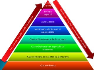 Escuela
               residencial

                Escuela
                especial


             Aula Especial


       Mayor parte del tiempo en
             aula especial


  Clase ordinaria con aula de recursos


    Clase Ordinaria con especialistas
               itinerantes


Clase ordinaria con asistencia Consultiva



            Clase ordinaria
 