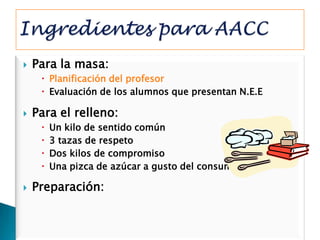    Para la masa:
      Planificación del profesor
      Evaluación de los alumnos que presentan N.E.E

   Para el relleno:
        Un kilo de sentido común
        3 tazas de respeto
        Dos kilos de compromiso
        Una pizca de azúcar a gusto del consumidor

   Preparación:
 