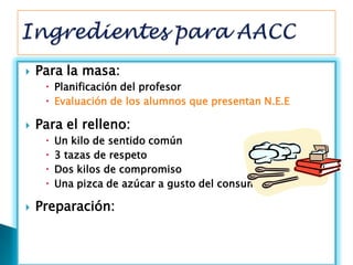    Para la masa:
      Planificación del profesor
      Evaluación de los alumnos que presentan N.E.E

   Para el relleno:
        Un kilo de sentido común
        3 tazas de respeto
        Dos kilos de compromiso
        Una pizca de azúcar a gusto del consumidor

   Preparación:
 