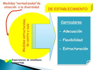 Medidas “normalizadas”de
 atención a la diversidad
                                 DE ESTABLECIMIENTO


                                       Curriculares

                                      - Adecuación

                                      - Flexibilidad

                                      - Estructuración

     Experiencias de enseñanza
     compartida
 