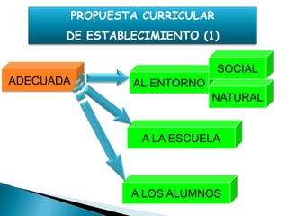 PROPUESTA CURRICULAR
       DE ESTABLECIMIENTO (1)

                                  SOCIAL
ADECUADA           AL ENTORNO
                                NATURAL


                    A LA ESCUELA



                   A LOS ALUMNOS
 