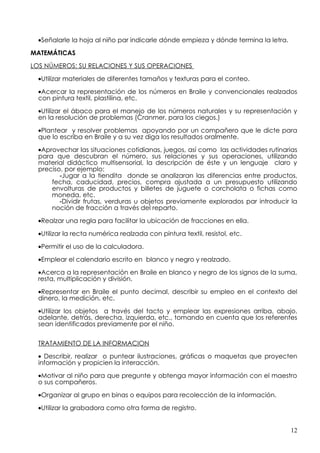 •Señalarle la hoja al niño par indicarle dónde empieza y dónde termina la letra.

MATEMÁTICAS

LOS NÚMEROS: SU RELACIONES Y SUS OPERACIONES

  •Utilizar materiales de diferentes tamaños y texturas para el conteo.

  •Acercar la representación de los números en Braile y convencionales realzados
  con pintura textil, plastilina, etc.

  •Utilizar el ábaco para el manejo de los números naturales y su representación y
  en la resolución de problemas (Cranmer, para los ciegos.)

  •Plantear y resolver problemas apoyando por un compañero que le dicte para
  que lo escriba en Braile y a su vez diga los resultados oralmente.

  •Aprovechar las situaciones cotidianas, juegos, así como las actividades rutinarias
  para que descubran el número, sus relaciones y sus operaciones, utilizando
  material didáctico multisensorial, la descripción de éste y un lenguaje claro y
  preciso, por ejemplo:
         -Jugar a la tiendita donde se analizaran las diferencias entre productos,
      fecha, caducidad, precios, compra ajustada a un presupuesto utilizando
      envolturas de productos y billetes de juguete o corcholata o fichas como
      moneda, etc.
         -Dividir frutas, verduras u objetos previamente explorados par introducir la
      noción de fracción a través del reparto.

  •Realzar una regla para facilitar la ubicación de fracciones en ella.

  •Utilizar la recta numérica realzada con pintura textil, resistol, etc.

  •Permitir el uso de la calculadora.

  •Emplear el calendario escrito en blanco y negro y realzado.

  •Acerca a la representación en Braile en blanco y negro de los signos de la suma,
  resta, multiplicación y división.

  •Representar en Braile el punto decimal, describir su empleo en el contexto del
  dinero, la medición, etc.

  •Utilizar los objetos a través del tacto y emplear las expresiones arriba, abajo,
  adelante, detrás, derecha, izquierda, etc., tomando en cuenta que los referentes
  sean identificados previamente por el niño.


  TRATAMIENTO DE LA INFORMACION

  • Describir, realizar o puntear ilustraciones, gráficas o maquetas que proyecten
  información y propicien la interacción.

  •Motivar al niño para que pregunte y obtenga mayor información con el maestro
  o sus compañeros.

  •Organizar al grupo en binas o equipos para recolección de la información.

  •Utilizar la grabadora como otra forma de registro.


                                                                                     12
 