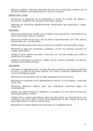 •Elaborar gráficas utilizando diferentes texturas en la simbología trazarlas con el
  punzón en papel, o de preferencia en mica o en acetato.

PREDICCIÓN Y AZAR

  •Favorecer el desarrollo de la predicción a través de análisis de objetos y
  situaciones mediante otros sentidos, tacto oído y gestos.

  •Describir las situaciones detalladamente, fomentando que respondan y hagan
  preguntas.

MEDICIÓN

  •Propiciar experiencias táctiles con los objetos para percibir las características de
  estos, como: peso, textura y tamaño.

  •Marcar los límites de la hoja y de los planos bidimensionales con cinta, resistol,
  pintura textil, etc., punteándolas.

  •Utilizar plantillas perforadas para el cálculo y/o medición de perímetros y áreas.

  •Presentar la idea de centímetro cuadrado a través de material concreto en
  cuerpo geométrico.

  •Utilizar la cinta métrica ranurada o marcada con pinturas textiles para medir la
  longitud en los objetos.

  •Utilizar el calendario en blanco y negro con los números realzados y el reloj sin
  carátula para medir el tiempo.

GEOMETRIA

  •Favorecer el desplazamiento a través del reconocimiento del espacio mediante
  el tacto y el oído en las áreas abiertas. Las cintas o cordones representan una
  nueva estrategia par guiar.

  •Estimular el uso del bastón par el mejor desplazamiento del alumno.
  •Favorecer el desarrollo de la representación mental d e los objetos conocidos
  por le niño.

  •Presentar diferentes objetos para que establezca relaciones según sus
  características.

  •Utilizar una tabla forrada con plastilina y un bolígrafo sin tinta para los trazos de
  figuras geométricas y líneas.

  •Utilizar micas cuerpos geométricos para que descubran sus características y los
  clasifiquen; así mismo que a través de la exploración se den cuenta de que la
  figura geométrica es sólo una de las caras.

  •Describir el uso de los objetos para descubrir sus cualidades físicas.




                                                                                        13
 