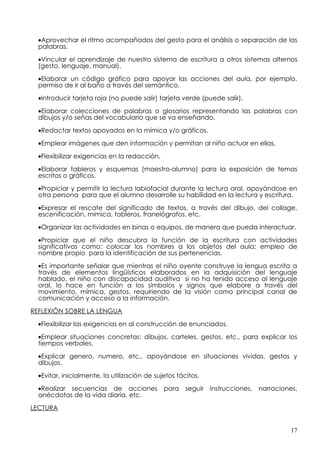 •Aprovechar el ritmo acompañados del gesto para el análisis o separación de las
  palabras.

  •Vincular el aprendizaje de nuestro sistema de escritura a otros sistemas alternos
  (gesto, lenguaje, manual).

  •Elaborar un código gráfico para apoyar las acciones del aula, por ejemplo,
  permiso de ir al baño a través del semántico.

  •Introducir tarjeta roja (no puede salir) tarjeta verde (puede salir).

  •Elaborar colecciones de palabras o glosarios representando las palabras con
  dibujos y/o señas del vocabulario que se va enseñando.

  •Redactar textos apoyados en la mímica y/o gráficos.

  •Emplear imágenes que den información y permitan al niño actuar en ellas.

  •Flexibilizar exigencias en la redacción.

  •Elaborar tableros y esquemas (maestro-alumno) para la exposición de temas
  escritos o gráficos.

  •Propiciar y permitir la lectura labiofacial durante la lectura oral, apoyándose en
  otra persona para que el alumno desarrolle su habilidad en la lectura y escritura.

  •Expresar el rescate del significado de textos, a través del dibujo, del collage,
  escenificación, mímica, tableros, franelógrafos, etc.

  •Organizar las actividades en binas o equipos, de manera que pueda interactuar.

  •Propiciar que el niño descubra la función de la escritura con actividades
  significativas como: colocar los nombres a los objetos del aula; empleo de
  nombre propio para la identificación de sus pertenencias.

  •Es importante señalar que mientras el niño oyente construye la lengua escrita a
  través de elementos lingüísticos elaborados en la adquisición del lenguaje
  hablado, el niño con discapacidad auditiva si no ha tenido acceso al lenguaje
  oral, lo hace en función a los símbolos y signos que elabore a través del
  movimiento, mímica, gestos, requiriendo de la visión como principal canal de
  comunicación y acceso a la información.

REFLEXIÓN SOBRE LA LENGUA

  •Flexibilizar las exigencias en al construcción de enunciados.

  •Emplear situaciones concretas: dibujos, carteles, gestos, etc., para explicar los
  tiempos verbales.

  •Explicar genero, numero, etc., apoyándose en situaciones vividas, gestos y
  dibujos.

  •Evitar, inicialmente, la utilización de sujetos tácitos.

  •Realizar secuencias de acciones            para    seguir instrucciones, narraciones,
  anécdotas de la vida diaria, etc.

LECTURA


                                                                                      17
 