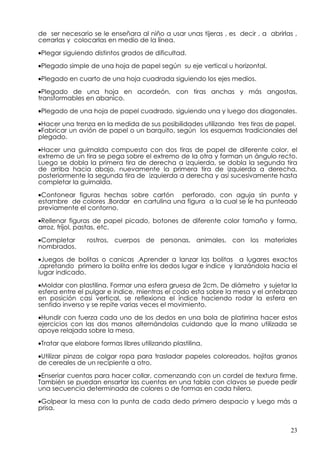 de ser necesario se le enseñara al niño a usar unas tijeras , es decir , a abrirlas ,
cerrarlas y colocarlas en medio de la línea.

•Plegar siguiendo distintos grados de dificultad.

•Plegado simple de una hoja de papel según su eje vertical u horizontal.

•Plegado en cuarto de una hoja cuadrada siguiendo los ejes medios.

•Plegado de una hoja en acordeón, con tiras anchas y más angostas,
transformables en abanico.

•Plegado de una hoja de papel cuadrado, siguiendo una y luego dos diagonales.

•Hacer una trenza en la medida de sus posibilidades utilizando tres tiras de papel.
•Fabricar un avión de papel o un barquito, según los esquemas tradicionales del
plegado.

•Hacer una guirnalda compuesta con dos tiras de papel de diferente color, el
extremo de un tira se pega sobre el extremo de la otra y forman un ángulo recto.
Luego se dobla la primera tira de derecha a izquierda, se dobla la segunda tira
de arriba hacia abajo, nuevamente la primera tira de izquierda a derecha,
posteriormente la segunda tira de izquierda a derecha y así sucesivamente hasta
completar la guirnalda.

•Contonear figuras hechas sobre cartón perforado, con aguja sin punta y
estambre de colores .Bordar en cartulina una figura a la cual se le ha punteado
previamente el contorno.

•Rellenar figuras de papel picado, botones de diferente color tamaño y forma,
arroz, fríjol, pastas, etc.

•Completar      rostros, cuerpos de personas, animales, con los materiales
nombrados.

•Juegos de bolitas o canicas .Aprender a lanzar las bolitas a lugares exactos
.apretando primero la bolita entre los dedos lugar e índice y lanzándola hacia el
lugar indicado.
•Moldar con plastilina. Formar una esfera gruesa de 2cm. De diámetro y sujetar la
esfera entre el pulgar e índice, mientras el codo esta sobre la mesa y el antebrazo
en posición casi vertical, se reflexiona el índice haciendo rodar la esfera en
sentido inverso y se repite varias veces el movimiento.

•Hundir con fuerza cada uno de los dedos en una bola de platirrina hacer estos
ejercicios con las dos manos alternándolas cuidando que la mano utilizada se
apoye relajada sobre la mesa.

•Tratar que elabore formas libres utilizando plastilina.

•Utilizar pinzas de colgar ropa para trasladar papeles coloreados, hojitas granos
de cereales de un recipiente a otro.

•Enseriar cuentas para hacer collar, comenzando con un cordel de textura firme.
También se puedan ensartar las cuentas en una tabla con clavos se puede pedir
una secuencia determinada de colores o de formas en cada hilera.

•Golpear la mesa con la punta de cada dedo primero despacio y luego más a
prisa.


                                                                                  23
 
