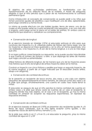 El objetivo de estas actividades preliminares es familiarizarlos con las
transformaciones de los atributos físicos de la materia. A través de preguntas
dirigidas a que el niño perciba que a pesar de las transformaciones la cantidad
permanece igual.

Como introducción al concepto de conservación se puede pedir a los niños que
tomen porciones iguales de plastilina y que modifiquen una de ellas, aplastándola,
para luego volverla a su forma inicial.

Lo mismo se puede efectuar con dos baldes iguales, llenos de arena, uno de los
cuales el niño puede verter en cuatro recipientes más pequeños, o en uno más alto
o angosto, para luego echar la arena en el balde de partida. En ambos casos es
importante que observen y verbalicen sus comparaciones.



  • Conservación de longitud

En el ejercicio basado en Inhelder (1974) el educador estimula al niño para que
construya dos trayectos A y B, utilizando palitos de fósforo del mismo largo. Uno de
los trayectos se dispone en línea quebrada y, en la otra, en forma espaciada. Una
vez realizados, si los trayectos A y B son de la misma longitud, o si uno es más largo
que otro.

Si no logra justificar correctamente sus respuestas, se le puede ayudar induciéndole
a que cuente el número de fósforos, o bien, a que disponga las series de manera
que haga coincidir sus extremidades.

Utilizar fósforos de diferente longitud, de tal manera que uno de los trayectos posea
más fósforos que el otro (la longitud de ambos trayectos debe ser la misma).

Construir un trayecto con cinco fósforos y pedirle que haga un segundo trayecto, de
la misma longitud, a partir de un lugar indicado por el educador (hacia arriba,
abajo o en diagonal).

  • Conservación de cantidad discontinua:

Se le presenta un recipiente de boca ancha, dos vasos y una caja con objetos
pequeños de aproximadamente el mismo tamaño. Se colocan juntos dos vasos y se
le pide que ponga, simultáneamente, una cuenta en cada vaso hasta llenar la
mitad.

El educador se asegura de que el niño perciba la misma cantidad de cuentas en
ambos vasos y le pide que ahora vacíe las cuentas de un vaso al recipiente, le
pregunta dónde hay más objetos, en el vaso o en el recipiente, ¿o hay la misma
cantidad en ambos? Se aceptan las respuestas espontáneas, sin reprobar las
respuestas erróneas.



  • Conservación de cantidad continua:

En el ejercicio basado en Baevurd (1970) se presentan dos recipientes iguales A y B
llenos de agua coloreada, que el niño debe aceptar como iguales, y dos
recipientes vacíos de distinta forma y tamaño C y D.

Se le pide que vierta A en C y B en D y el educador le pregunta: ¿hay la misma
cantidad de agua en C y D?



                                                                                   32
 