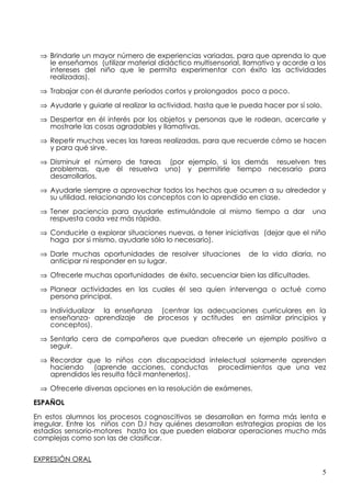 ⇒ Brindarle un mayor número de experiencias variadas, para que aprenda lo que
   le enseñamos (utilizar material didáctico multisensorial, llamativo y acorde a los
   intereses del niño que le permita experimentar con éxito las actividades
   realizadas).

 ⇒ Trabajar con él durante períodos cortos y prolongados poco a poco.

 ⇒ Ayudarle y guiarle al realizar la actividad, hasta que le pueda hacer por sí solo.

 ⇒ Despertar en él interés por los objetos y personas que le rodean, acercarle y
   mostrarle las cosas agradables y llamativas.

 ⇒ Repetir muchas veces las tareas realizadas, para que recuerde cómo se hacen
   y para qué sirve.

 ⇒ Disminuir el número de tareas (por ejemplo, si los demás resuelven tres
   problemas, que él resuelva uno) y permitirle tiempo necesario para
   desarrollarlos.

 ⇒ Ayudarle siempre a aprovechar todos los hechos que ocurren a su alrededor y
   su utilidad, relacionando los conceptos con lo aprendido en clase.

 ⇒ Tener paciencia para ayudarle estimulándole al mismo tiempo a dar              una
   respuesta cada vez más rápida.

 ⇒ Conducirle a explorar situaciones nuevas, a tener iniciativas (dejar que el niño
   haga por si mismo, ayudarle sólo lo necesario).

 ⇒ Darle muchas oportunidades de resolver situaciones          de la vida diaria, no
   anticipar ni responder en su lugar.

 ⇒ Ofrecerle muchas oportunidades de éxito, secuenciar bien las dificultades.

 ⇒ Planear actividades en las cuales él sea quien intervenga o actué como
   persona principal.

 ⇒ Individualizar la enseñanza (centrar las adecuaciones curriculares en la
   enseñanza- aprendizaje de procesos y actitudes en asimilar principios y
   conceptos).

 ⇒ Sentarlo cera de compañeros que puedan ofrecerle un ejemplo positivo a
   seguir.

 ⇒ Recordar que lo niños con discapacidad intelectual solamente aprenden
   haciendo (aprende acciones, conductas procedimientos que una vez
   aprendidos les resulta fácil mantenerlos).

 ⇒ Ofrecerle diversas opciones en la resolución de exámenes.

ESPAÑOL

En estos alumnos los procesos cognoscitivos se desarrollan en forma más lenta e
irregular. Entre los niños con D.I hay quiénes desarrollan estrategias propias de los
estadios sensorio-motores hasta los que pueden elaborar operaciones mucho más
complejas como son las de clasificar.


EXPRESIÓN ORAL
                                                                                        5
 