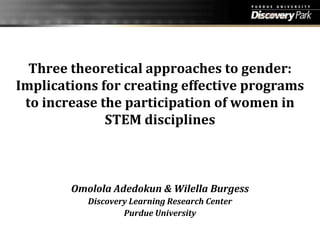 Three theoretical approaches to gender: Implications for creating effective programs to increase the participation of women in STEM disciplines  Omolola Adedokun & Wilella Burgess Discovery Learning Research Center  Purdue University  