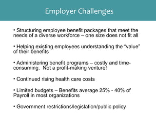 • Structuring employee benefit packages that meet the
needs of a diverse workforce – one size does not fit all
• Helping existing employees understanding the “value”
of their benefits
• Administering benefit programs – costly and time-
consuming. Not a profit-making venture!
• Continued rising health care costs
• Limited budgets – Benefits average 25% - 40% of
Payroll in most organizations
• Government restrictions/legislation/public policy
Employer Challenges
 