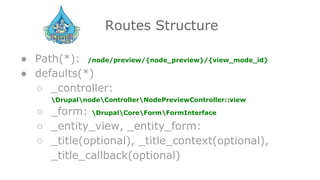 Routes Structure
● Path(*): /node/preview/{node_preview}/{view_mode_id}
● defaults(*)
○ _controller:
DrupalnodeControllerNodePreviewController::view
○ _form: DrupalCoreFormFormInterface
○ _entity_view, _entity_form:
○ _title(optional), _title_context(optional),
_title_callback(optional)
 