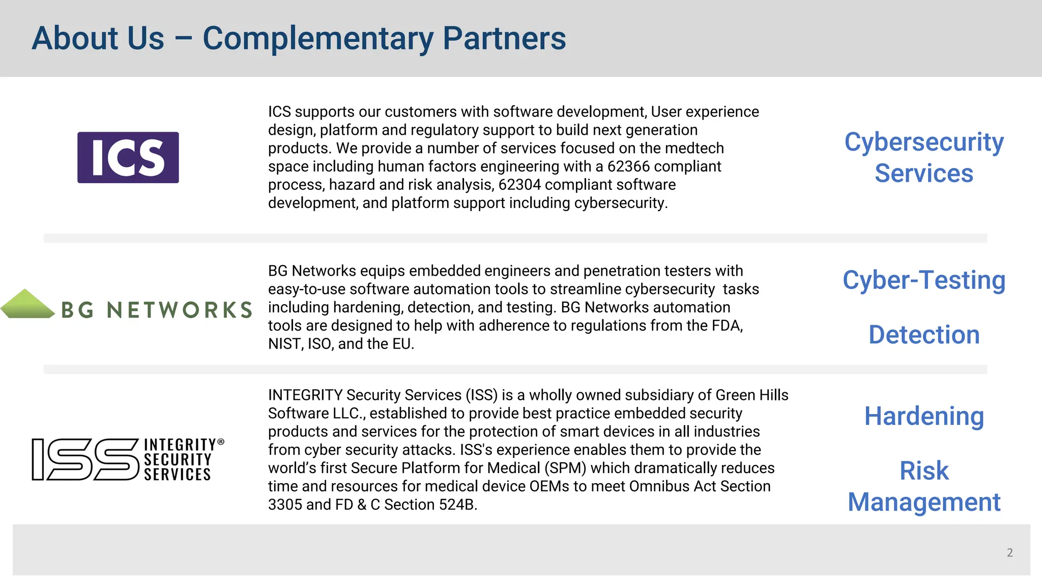 About Us – Complementary Partners
2
INTEGRITY Security Services (ISS) is a wholly owned subsidiary of Green Hills
Software LLC., established to provide best practice embedded security
products and services for the protection of smart devices in all industries
from cyber security attacks. ISS's experience enables them to provide the
world’s first Secure Platform for Medical (SPM) which dramatically reduces
time and resources for medical device OEMs to meet Omnibus Act Section
3305 and FD & C Section 524B.
BG Networks equips embedded engineers and penetration testers with
easy-to-use software automation tools to streamline cybersecurity tasks
including hardening, detection, and testing. BG Networks automation
tools are designed to help with adherence to regulations from the FDA,
NIST, ISO, and the EU.
ICS supports our customers with software development, User experience
design, platform and regulatory support to build next generation
products. We provide a number of services focused on the medtech
space including human factors engineering with a 62366 compliant
process, hazard and risk analysis, 62304 compliant software
development, and platform support including cybersecurity.
Cybersecurity
Services
Cyber-Testing
Detection
Hardening
Risk
Management
 