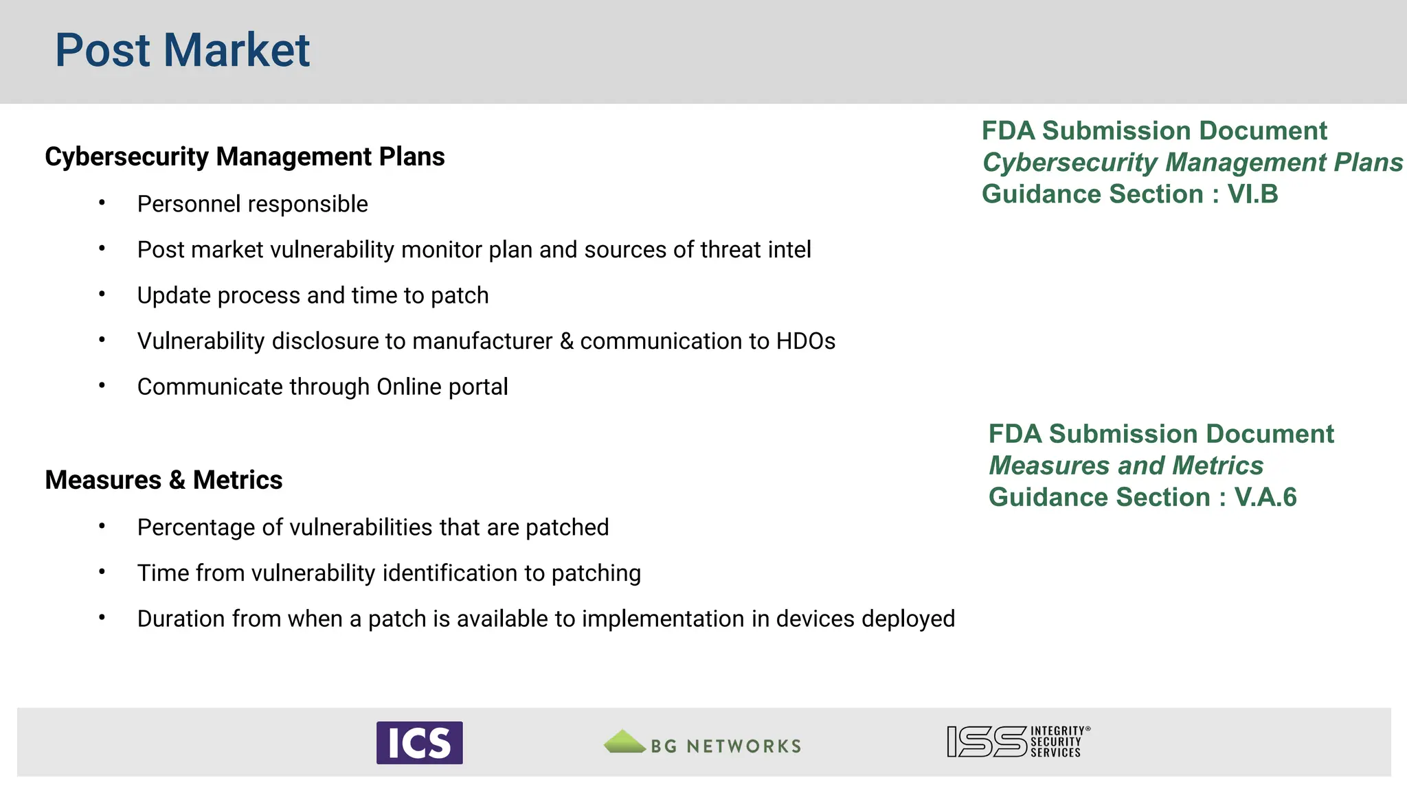 Post Market
FDA Submission Document
Cybersecurity Management Plans
Guidance Section : VI.B
FDA Submission Document
Measures and Metrics
Guidance Section : V.A.6
Cybersecurity Management Plans
• Personnel responsible
• Post market vulnerability monitor plan and sources of threat intel
• Update process and time to patch
• Vulnerability disclosure to manufacturer & communication to HDOs
• Communicate through Online portal
Measures & Metrics
• Percentage of vulnerabilities that are patched
• Time from vulnerability identification to patching
• Duration from when a patch is available to implementation in devices deployed
 