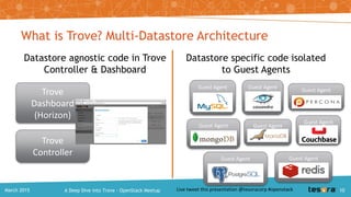 Datastore agnostic code in Trove
Controller & Dashboard
Datastore specific code isolated
to Guest Agents
What is Trove? Multi-Datastore Architecture
Trove
Controller
Guest Agent
Guest Agent
Guest Agent
Guest Agent
Trove
Dashboard
(Horizon)
Guest Agent
Guest Agent
Guest AgentGuest Agent
A Deep Dive into Trove – OpenStack MeetupMarch 2015 10
 