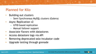 New in Juno: Clusters
$ trove cluster-create <datastore> <ds-version>
– Optional parameters to cluster-create
• --instance <flavor_id=flavor_id,volume=volume>
• Specify multiple times to create multiple instances for your cluster
– Initial support in Juno added for MongoDB Clusters
• Sets up mongo config server, and mongo query routers
• Transparent and driven by configuration options
• Support for adding shards to existing cluster for horizontal scale out.
A Deep Dive into Trove – OpenStack MeetupMarch 2015 19
 