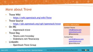 Where can I get OpenStack Trove?
• Get the source
– OpenStack Trove Project
• https://git.openstack.org/cgit/openstack/trove / http://github.com/openstack/trove.git
– Trove python client binding and command line client
• https://git.openstack.org/cgit/openstack/python-troveclient / http://github.com/openstack/python-
troveclient.git
– Trove design specifications for blueprints
• https://git.openstack.org/cgit/openstack/trove-specs / http://github.com/openstack/trove-specs
– Trove scripts for installation and testing, and elements for building guest images
• https://git.openstack.org/cgit/openstack/trove-integration / http://github.com/openstack/trove-
integration.git
• Installable packages and guest images from Tesora
– Community Edition: http://tesora.com/download-tesora-dbaas-platform-community-edition
– Enterprise Edition trial: http://tesora.com/download-tesora-dbaas-platform-enterprise-edition
A Deep Dive into Trove – OpenStack MeetupMarch 2015
 