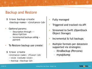 $ trove backup-create
<backup-name> <instance-id>
• Optional params:
– Description through --description
– Incremental backups using –parent
• To Restore backup use create:
$ trove create
<instance-name> <flavor-id>
--size <volume-size>
--backup <backup-id>
• Fully managed
• Triggered and tracked via API
• Streamed to Swift (OpenStack
Object Storage)
• Incremental & full backups
• Multiple formats per datastore
supported via strategies:
– XtraBackup (Percona)
– mysqldump
Backup and Restore
A Deep Dive into Trove - SCALE 13x2/22/2015 16
 