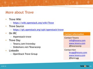 More about Trove
• Trove Wiki
– https://wiki.openstack.org/wiki/Trove
• Trove Source
– https://git.openstack.org/cgit/openstack/trove
• On IRC
– #openstack-trove
• Trove Day
– Tesora.com/troveday
– Slideshare.net/Tesoracorp
• LinkedIn
– OpenStack Trove Group
Contact information
Contact Tesora
info@tesora.com
www.tesora.com
@tesoracorp
Contact Ken
krugg@tesora.com
www.tesora.com
@kenrugg
A Deep Dive into Trove - SCALE 13x2/22/2015 22
 
