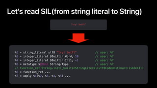 "try! Swift"
%2 = string_literal utf8 "try! Swift" // user: %7
%3 = integer_literal $Builtin.Word, 10 // user: %7
%4 = int...