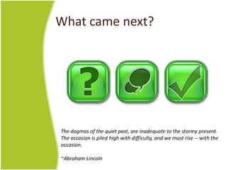 What came next?




The dogmas of the quiet past, are inadequate to the stormy present.
The occasion is piled high with difficulty, and we must rise -- with the
occasion.

~Abraham Lincoln
 